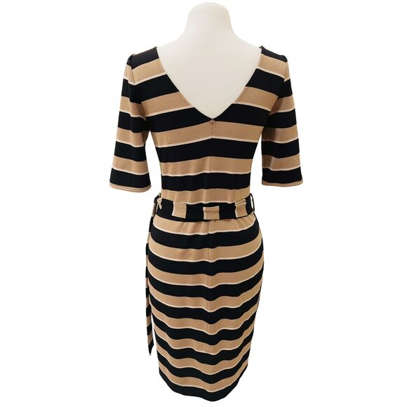 Striped Knit Tie-Waist Dress Tan Black Stretch V-Neck Short Sleeve Knee-Length S - Picture 2 of 7